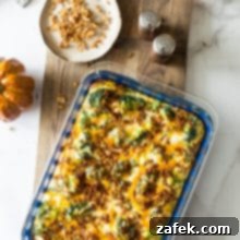 Effortless Festive Broccoli Bake 12 Overhead photo of easy holiday broccoli casserole on a wooden board