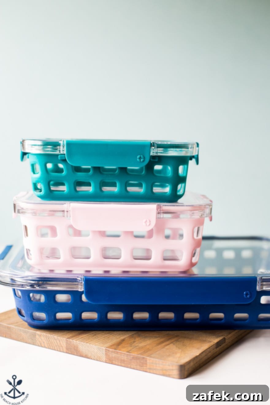 Effortless Festive Broccoli Bake 6 Photo of stack of three Ello baking dishes with silicone sleeves.