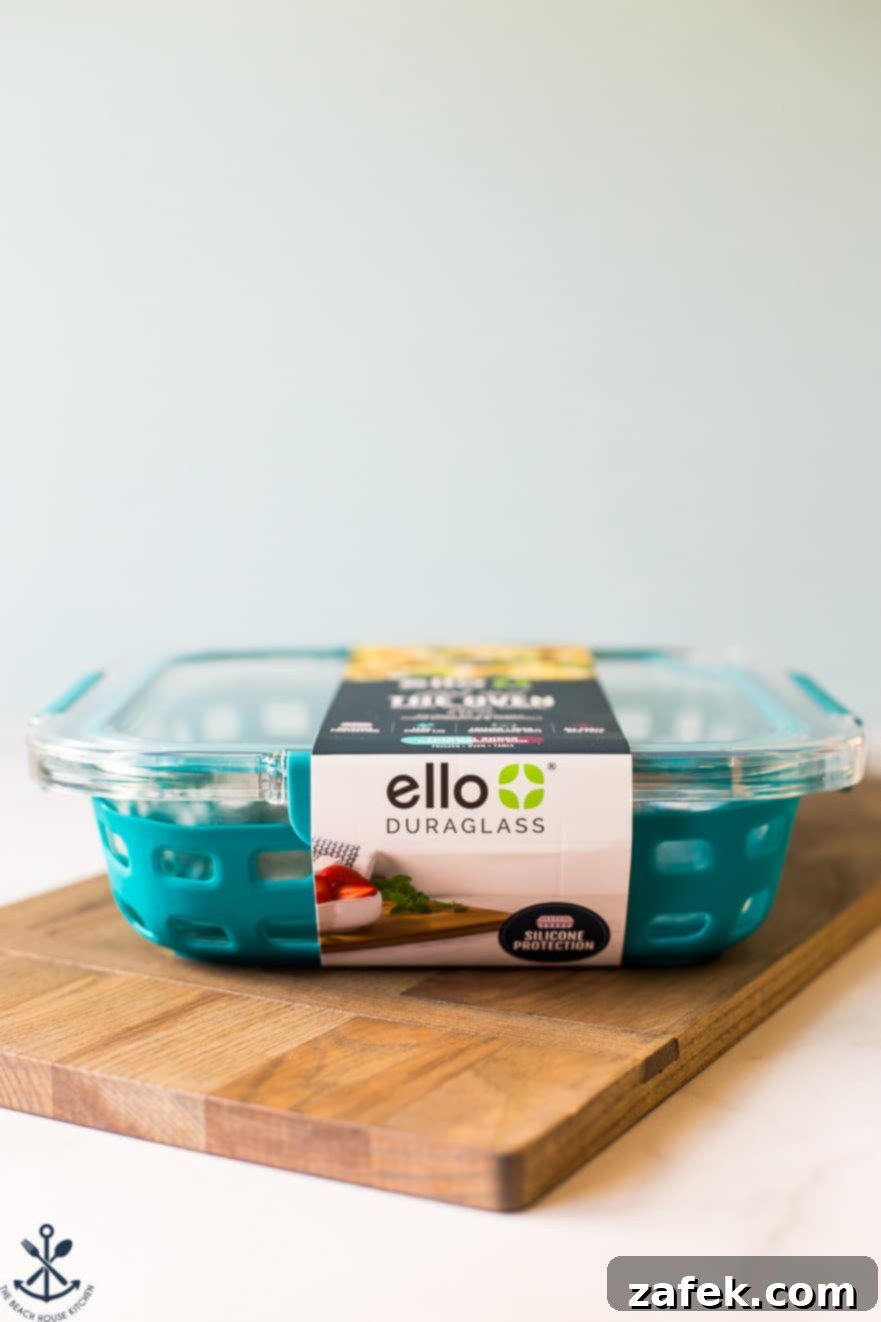 Effortless Festive Broccoli Bake 7 Photo of 8x8 Ello baking dish with teal silicone sleeve