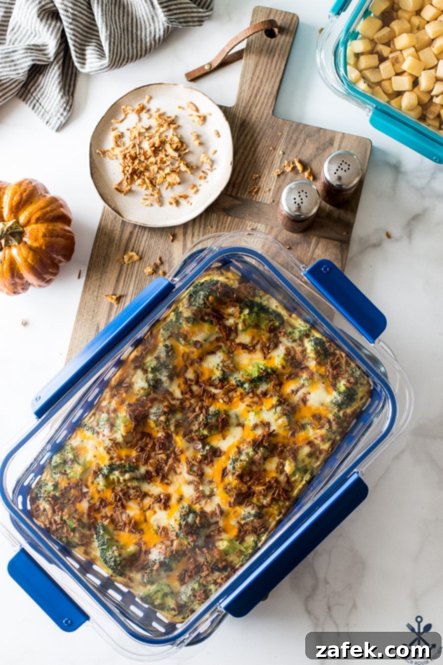 Effortless Festive Broccoli Bake 8 Overhead photo of easy holiday broccoli casserole on a wooden board