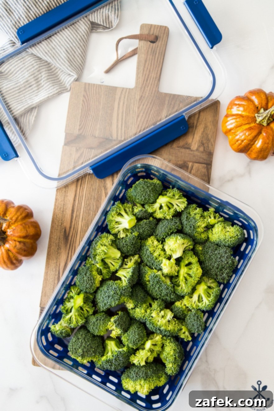 Effortless Festive Broccoli Bake 9 Overhead photo of baking dish filled with raw broccoli florets