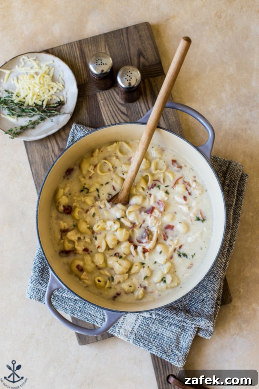Creamy Cordon Bleu Chicken Pasta Bake 4 A pot of cooked medium shell pasta with a wooden spoon, indicating a key ingredient for the pasta bake.