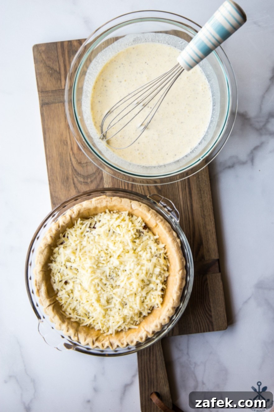 A fully baked Quiche Lorraine in a pie dish, garnished with fresh herbs, ready to be served