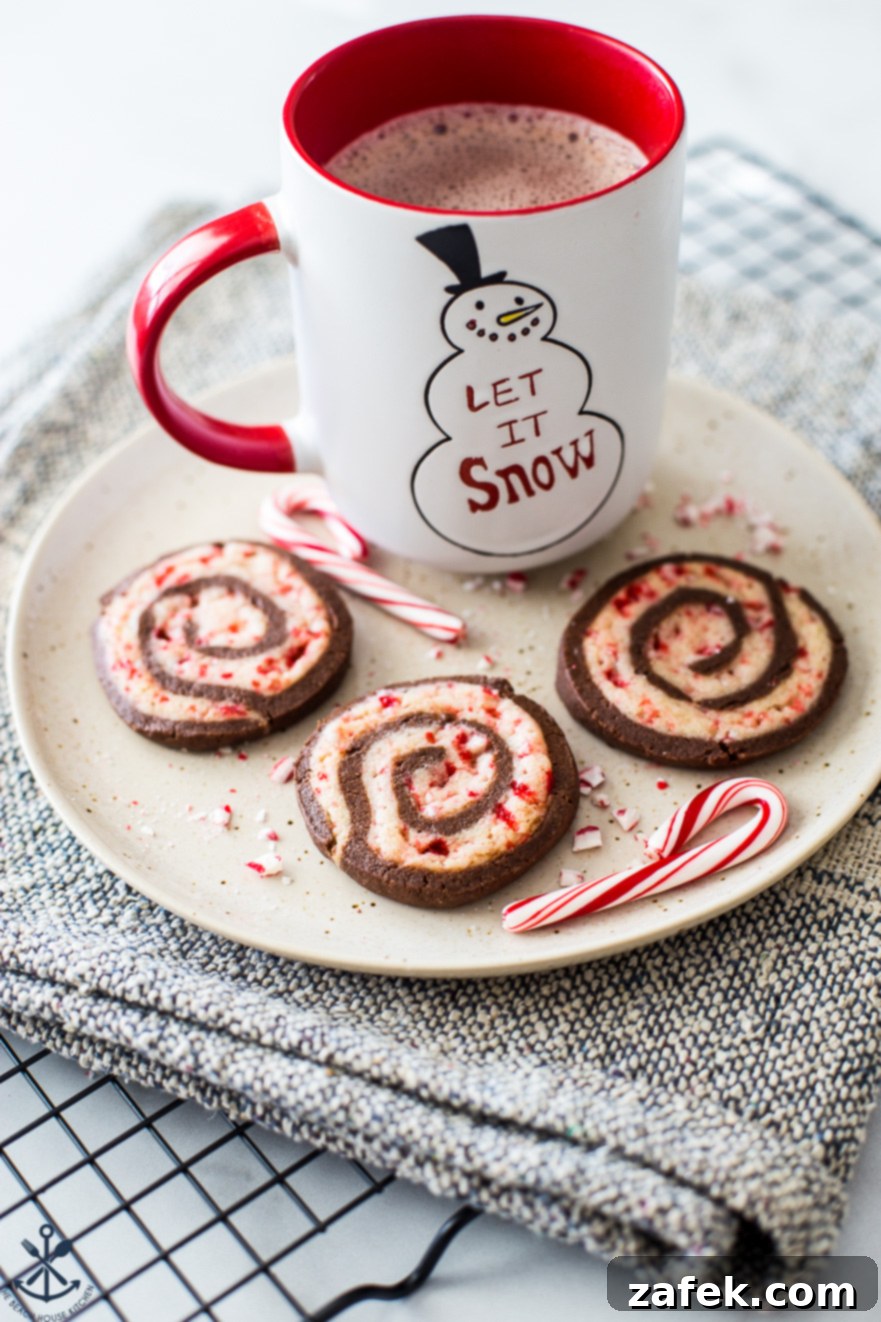 Delicious chocolate peppermint pinwheel cookies stacked on a plate with a mug of hot cocoa, capturing the festive holiday spirit