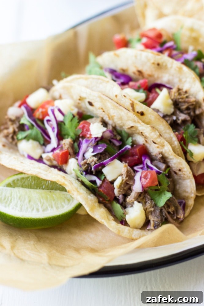 Close-up of a single Pork Carnitas Taco with crumbled cheese and cilantro on top.