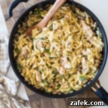 Creamy Tuna Noodle Delight 8 Overhead photo of tuna noodle casserole in a baking dish.