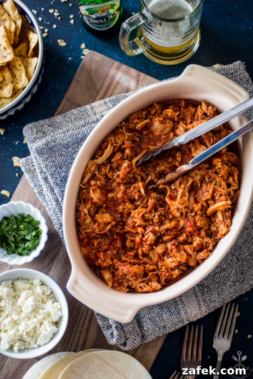 Overhead photo of an oval dish of chicken tinga with fresh cilantro garnish