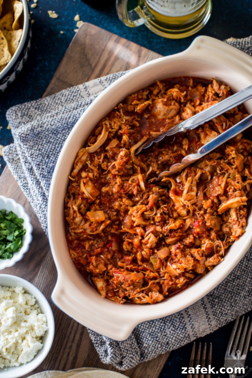 Up close overhead photo of an oval dish of chicken tinga served with fresh garnishes
