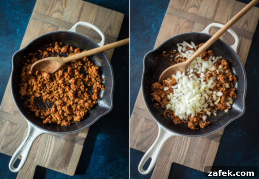 Diptich photo showing stages of cooking: browned chicken in slow cooker and chorizo/onion mixture in skillet