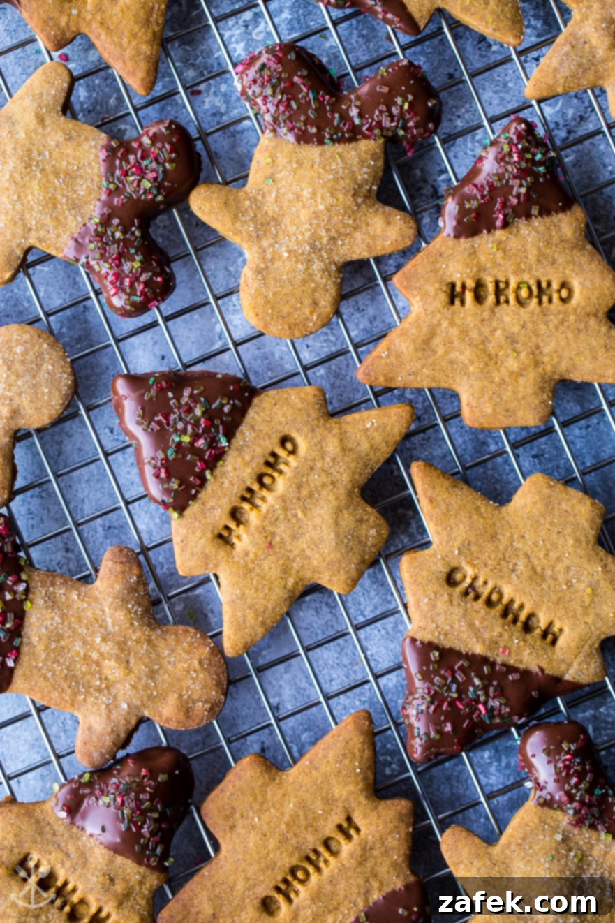 Overhead photo of chocolate dipped gingerbread shortbread cut out cookies arranged beautifully on a serving dish