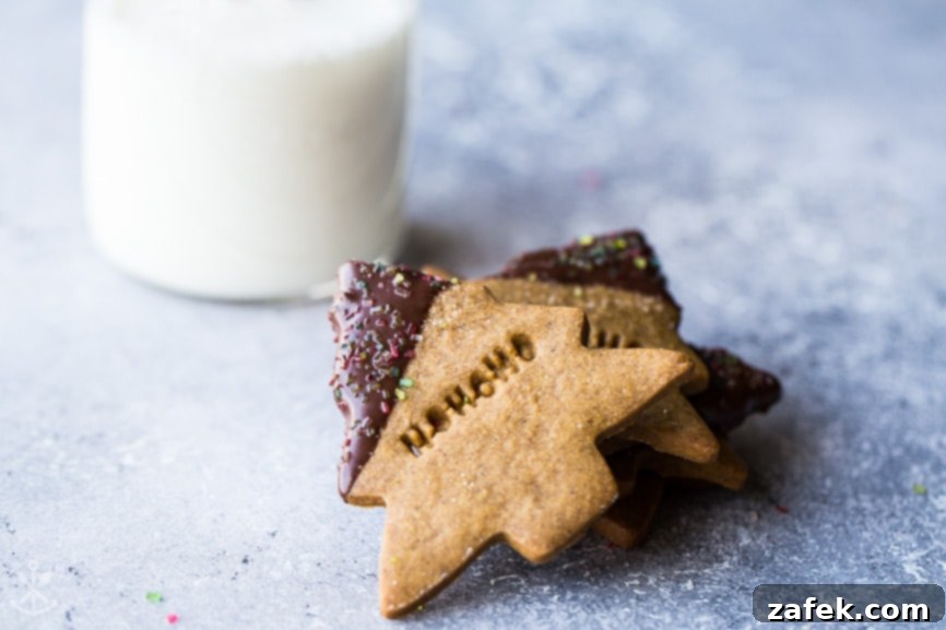 Chocolate-Kissed Gingerbread Shortbread Cookies 3 A few Chocolate Dipped Gingerbread Shortbread Cut Out Cookies on a gray tray next to a bottle of milk, highlighting their festive appeal