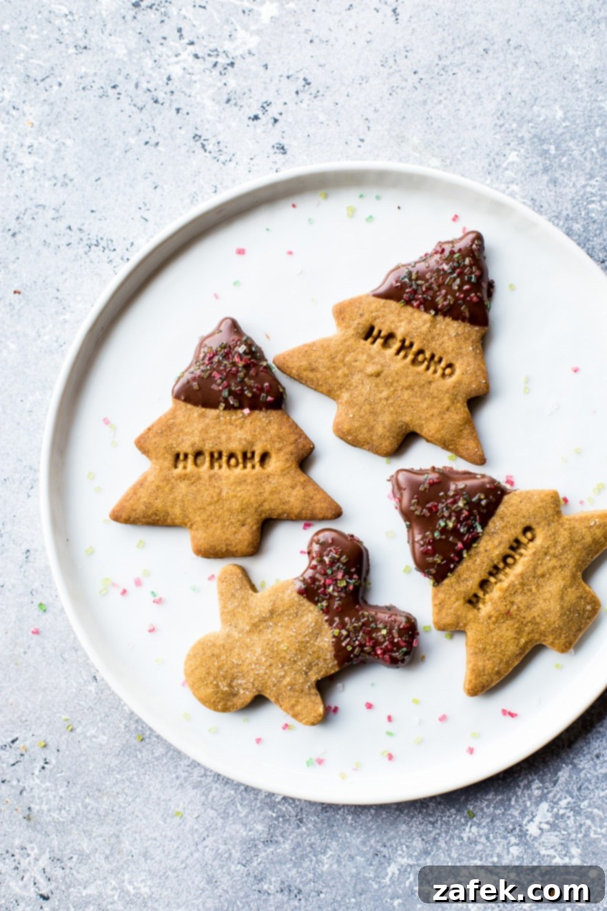 Chocolate-Kissed Gingerbread Shortbread Cookies 4 Overhead photo showing a selection of Chocolate Dipped Gingerbread Shortbread Cut Out Cookies on a white plate, highlighting their delicate decoration