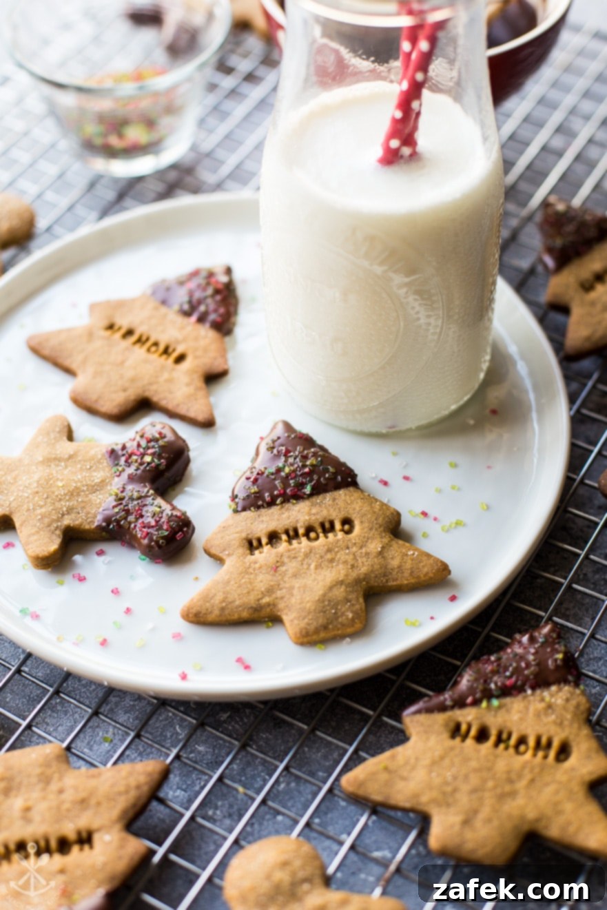 Chocolate-Kissed Gingerbread Shortbread Cookies 5 A few Chocolate Dipped Gingerbread Shortbread Cut Out Cookies on a white plate with a bottle of milk subtly blurred in the background, inviting a delicious pairing