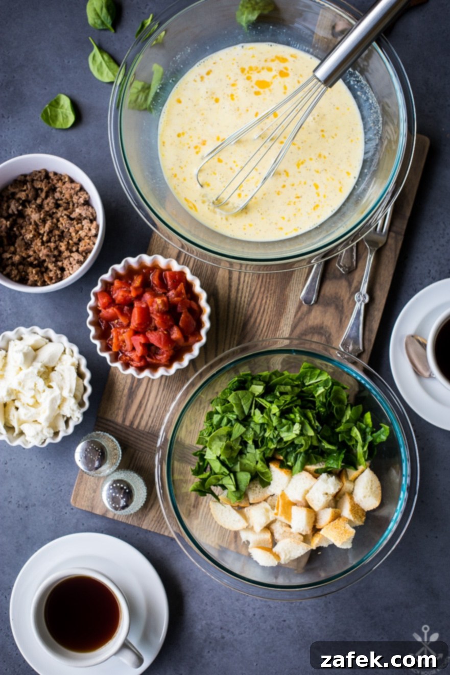 Prepared ingredients for the egg cups, including a bowl of seasoned whisked eggs, a separate bowl of chopped spinach, a bowl of diced tomatoes, cooked crumbled sausage, and small cubes of French bread, all arranged artfully on a wooden board ready for mixing