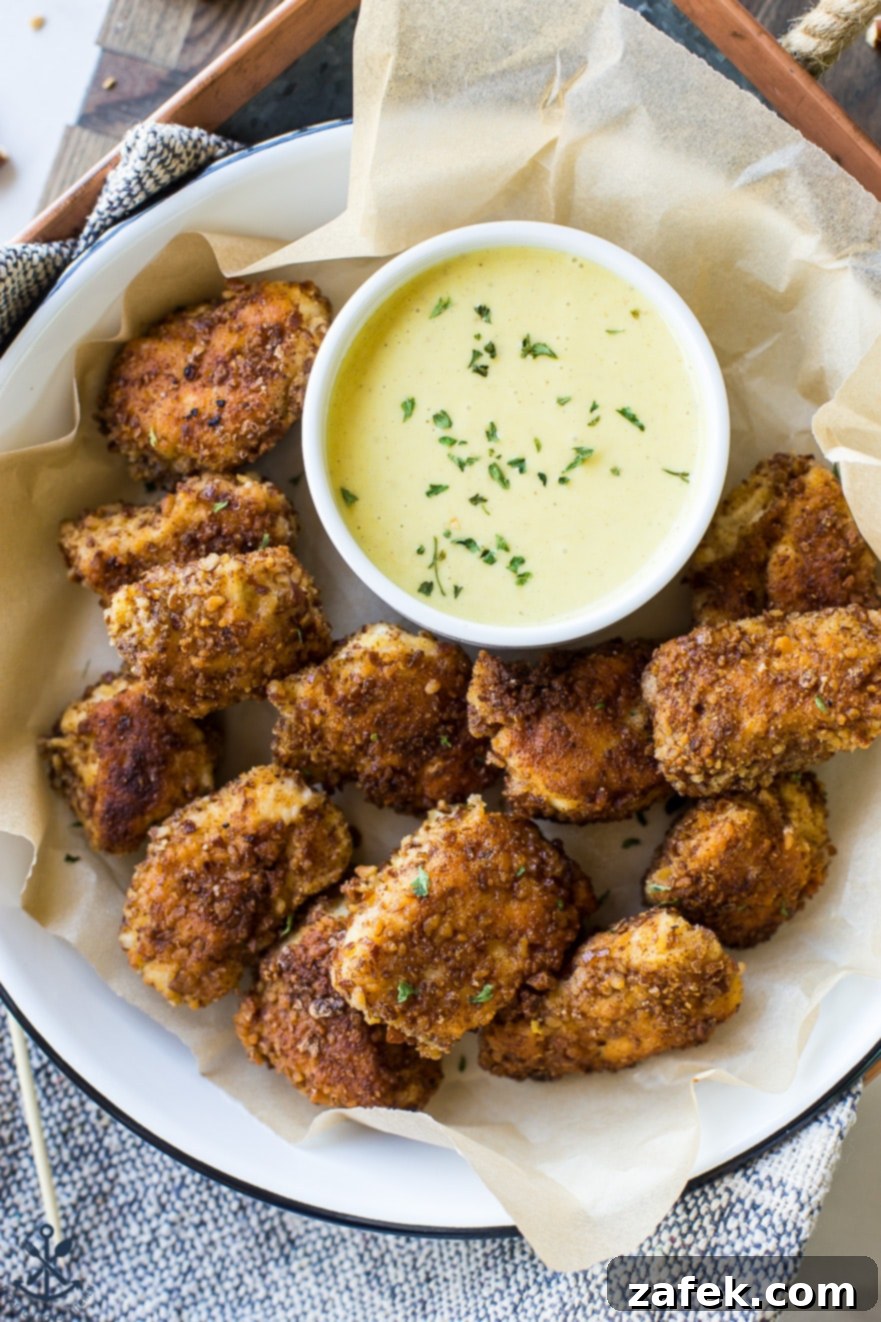 Crispy Pretzel Chicken Bites with Signature Mustard Sauce 4 Up close overhead photo of Pretzel Crusted Chicken Nuggets with Mustard Dipping Sauce