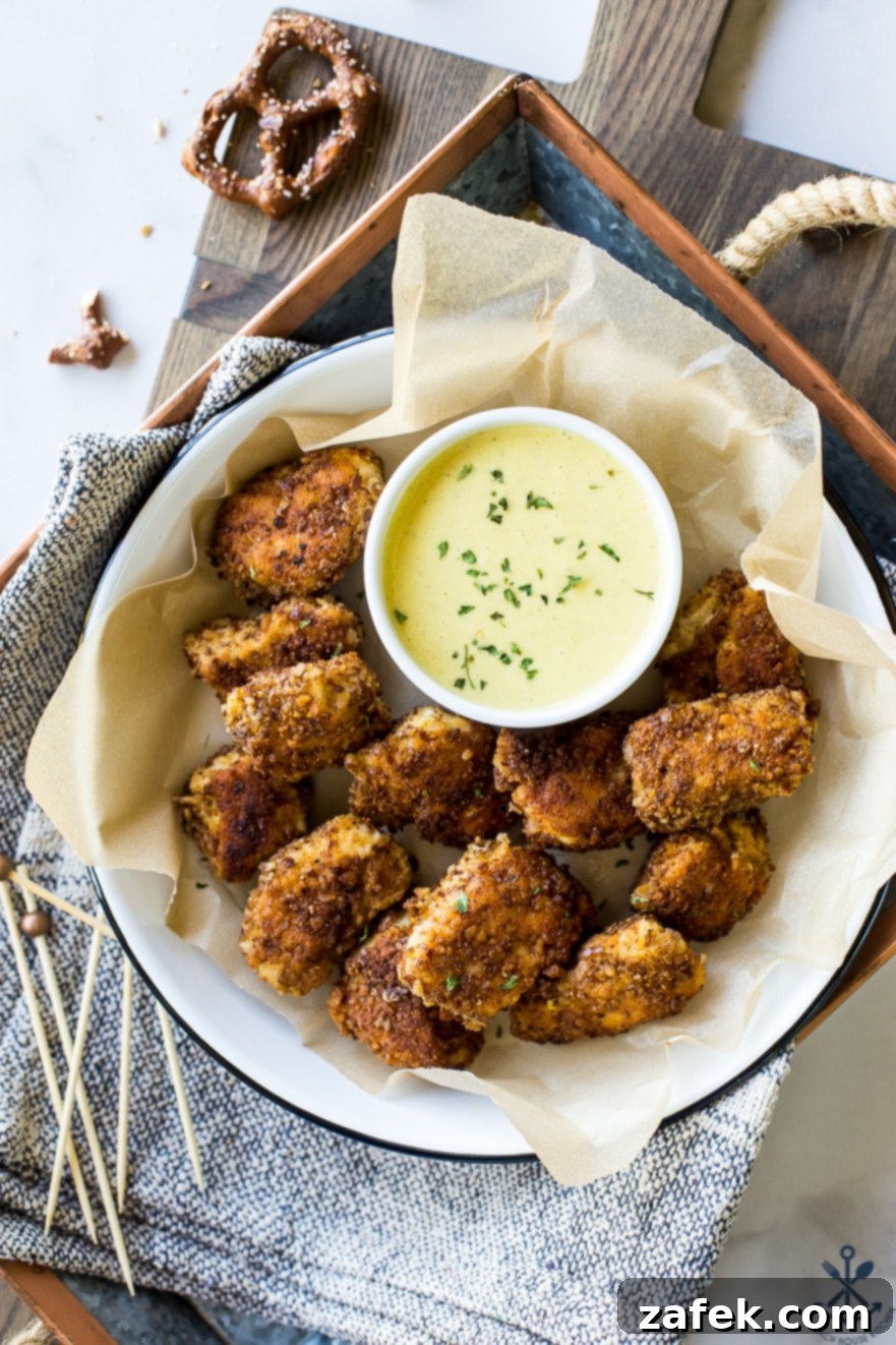 Crispy Pretzel Chicken Bites with Signature Mustard Sauce 8 Overhead photo of Pretzel Crusted Chicken Nuggets with Mustard Dipping Sauce in a metal tray on a wooden board