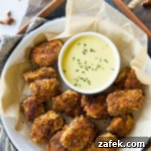 Crispy Pretzel Chicken Bites with Signature Mustard Sauce 9 Overhead photo of pretzel crusted chicken nuggets with mustard dipping sauce on a tray on a wooden board