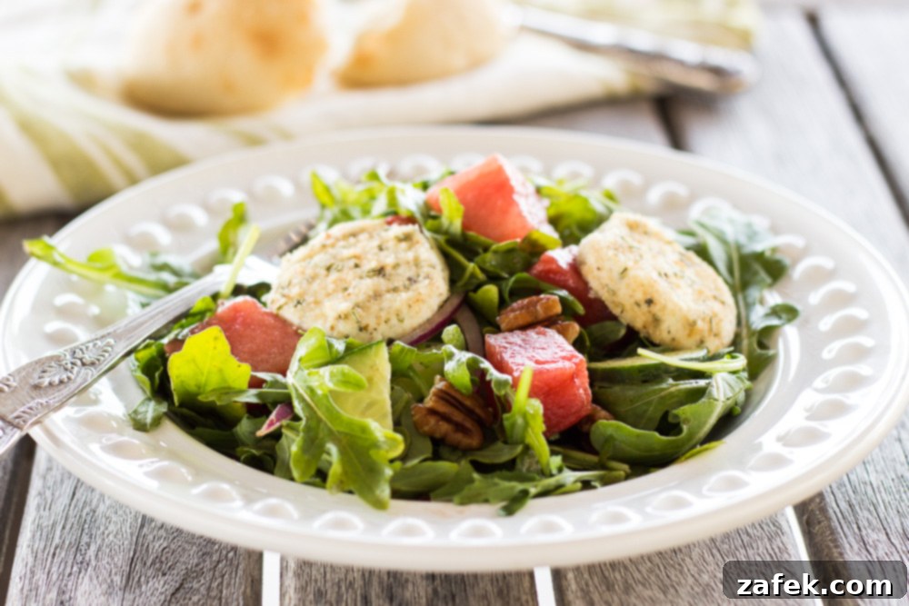Refreshing Watermelon Salad with Arugula & Baked Goat Cheese, perfect for summer