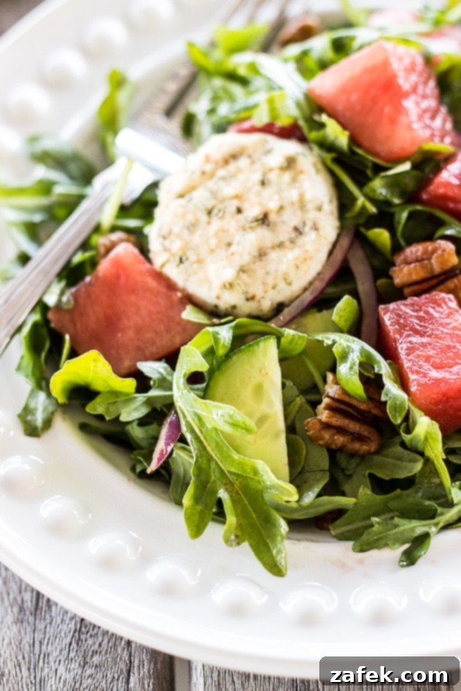 Serving suggestion for Watermelon Salad with Arugula & Baked Goat Cheese