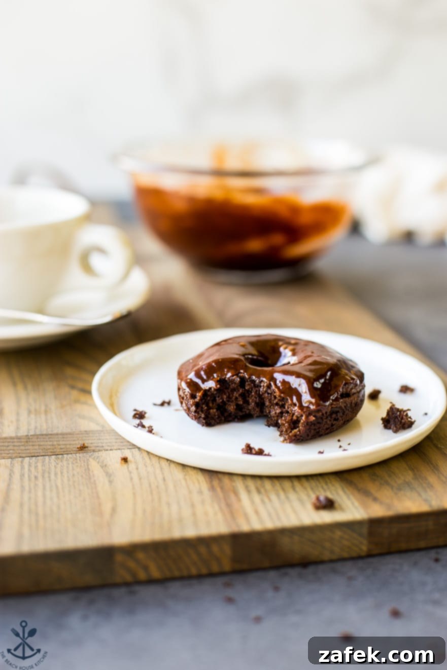 Baked Mocha Donuts 3 A single, perfectly baked cocoa coffee donut elegantly placed on a white plate, ready to be enjoyed.