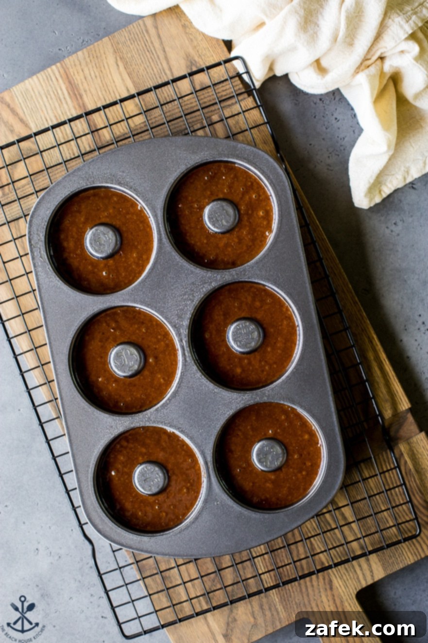 Baked Mocha Donuts 5 Overhead shot of cocoa coffee donut batter neatly piped into a donut baking pan, ready for the oven.