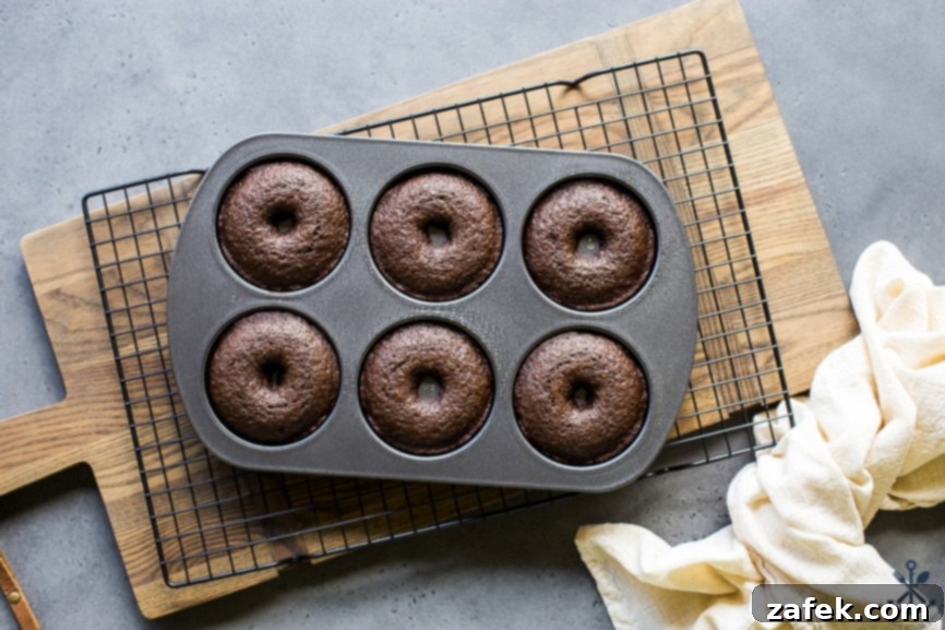 Baked Mocha Donuts 6 Freshly baked cocoa coffee donuts cooling in their donut pan, their perfect shape and golden-brown bottoms visible.