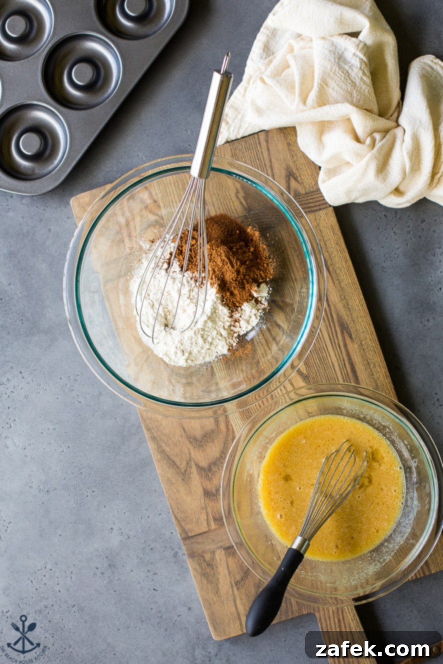 Baked Mocha Donuts 8 Arrangement of fresh ingredients in glass bowls for cocoa coffee baked donuts, including flour, cocoa, sugar, and liquids.
