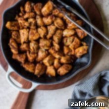 Fiesta Chicken Poppers 6 Overhead photo of skillet filled with Mexican spiced chicken bites