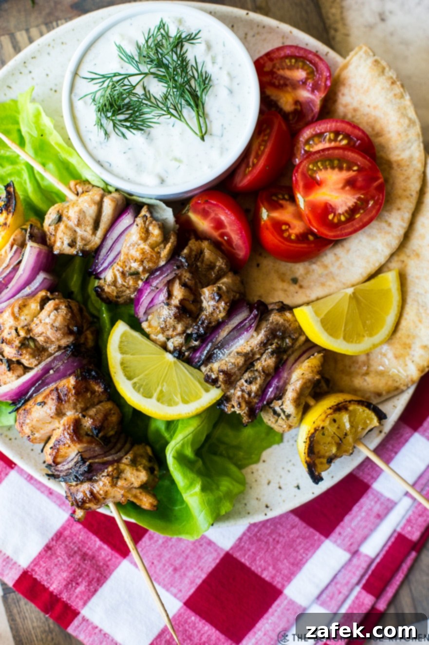 Overehead photo of Chicken Souvlaki Skewers with Tzatziki Sauce