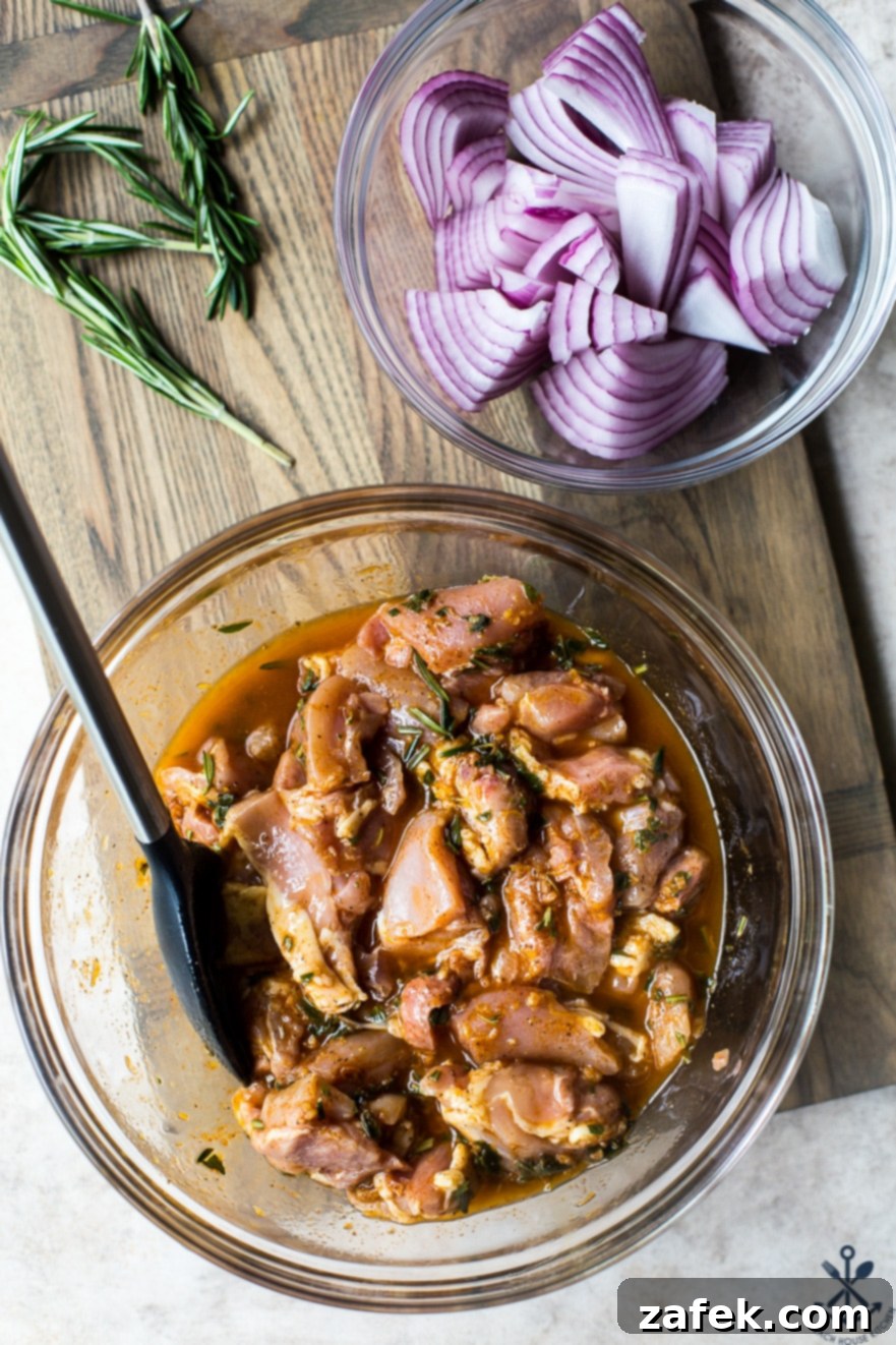 Ingredients for Chicken Souvlaki Skewers in glass bowls