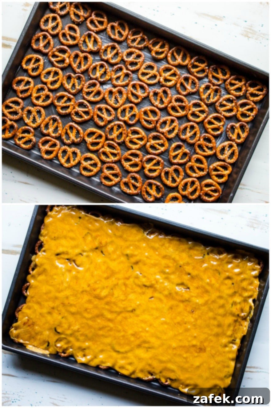 Diptych showcasing the preparation: a close-up of pretzels arranged on a baking sheet alongside a photo of the golden pretzel toffee spread out on a baking sheet, ready for cooling.