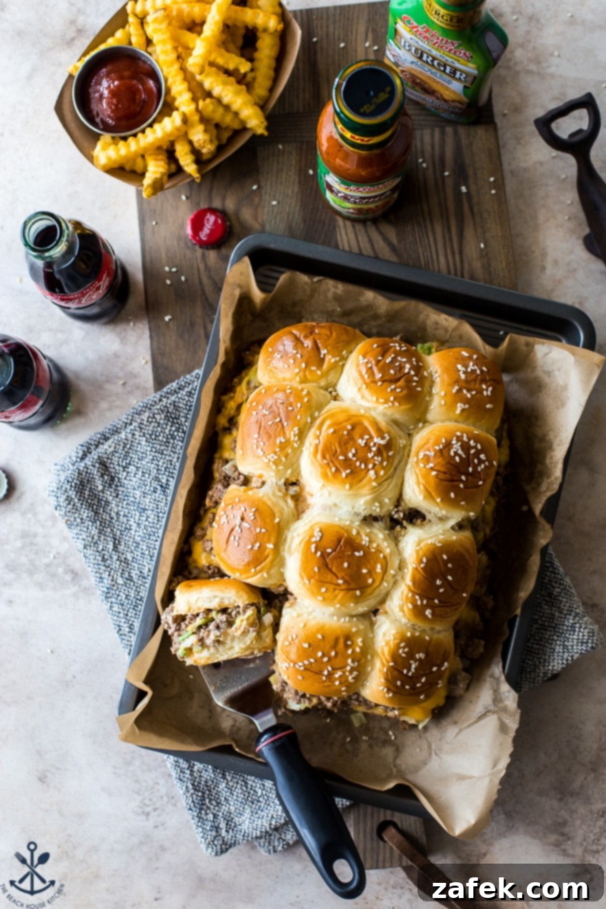 An overhead photo of a tray brimming with freshly baked Tony's Cheeseburger Sliders