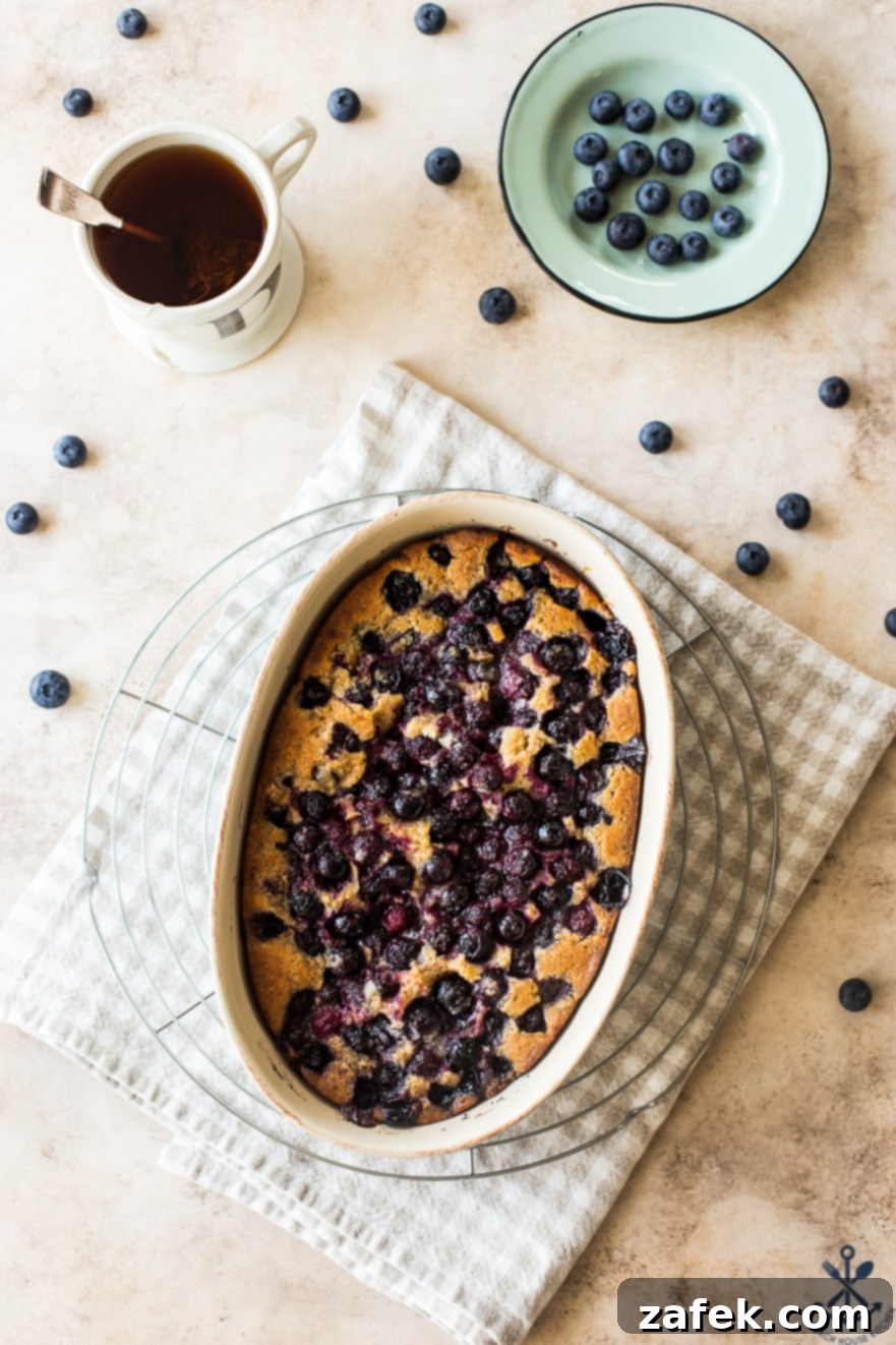 Overhead photo of the fully baked Earl Grey Blueberry Cobbler in an oval baking dish, beautifully garnished and ready for serving