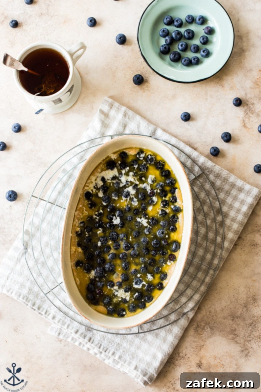 Overhead photo of the Earl Grey Blueberry Cobbler in an oval dish, perfectly prepared and ready to be placed into the oven for baking