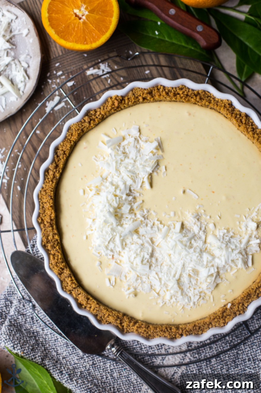 Zesty Orange Cream Tart 3 Close-up overhead photo of an orange cream tart, showcasing its smooth, creamy filling and delicate topping.