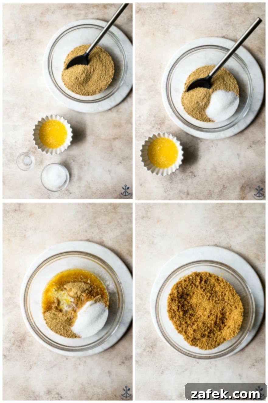 Zesty Orange Cream Tart 4 Collage of four photos demonstrating the step-by-step process of making a perfect graham cracker crust for the tart.