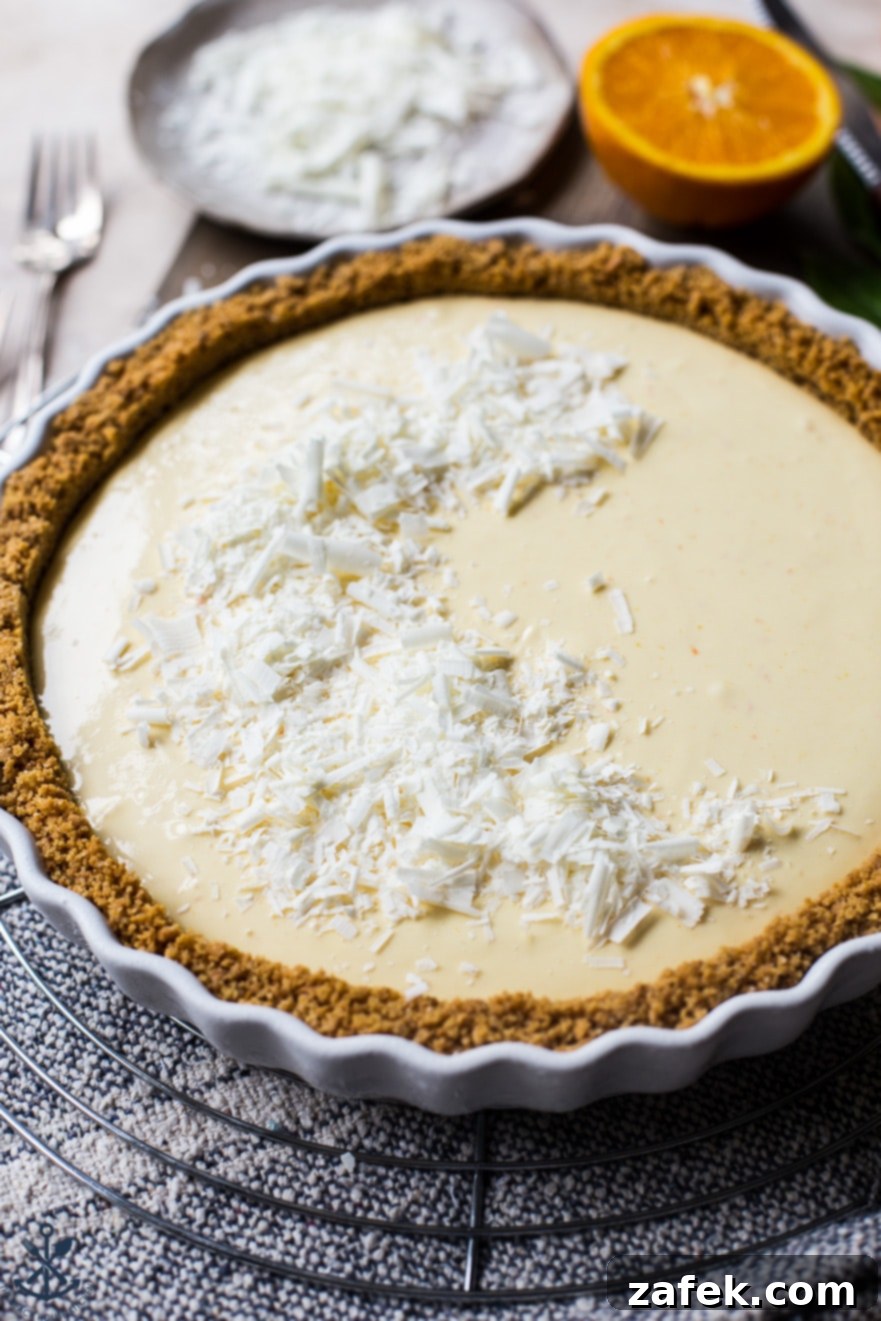 Zesty Orange Cream Tart 6 A stunning orange cream tart presented on a round wire rack, perfectly garnished and ready to be served.