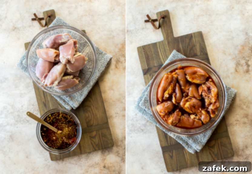 Tropical Huli Huli Chicken with Zesty Pineapple Salsa 4 Diptich showing two steps of the Huli Huli Chicken preparation: mixing the marinade and adding chicken.