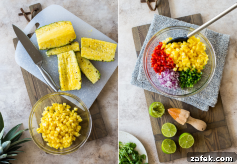 Tropical Huli Huli Chicken with Zesty Pineapple Salsa 5 Diptich showing two steps of the Pineapple Salsa preparation: chopping ingredients and mixing the salsa.