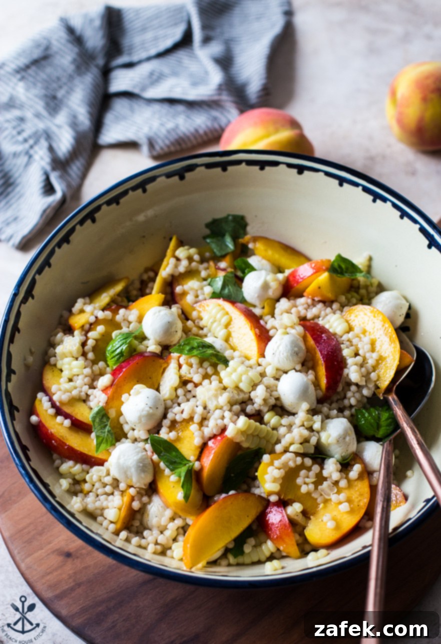 Peach Corn Caprese Couscous Salad in a decorative bowl on a rustic wooden board, ready to serve