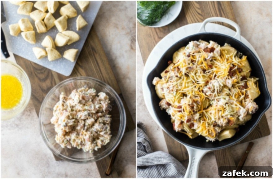 Diptych of Cheesy Shrimp Skillet Monkey Bread, displaying different angles of the appetizer, highlighting its pull-apart nature and delectable filling.