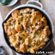 Overhead photo of cheesy shrimp skillet monkey bread in a white skillet on a wood board, presented beautifully for serving.