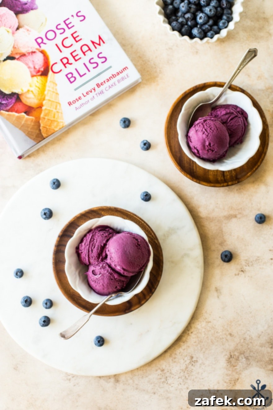 Velvet Blueberry Ice Cream 4 Overhead photo of blueberry ice cream in two bowls, one a round marble board