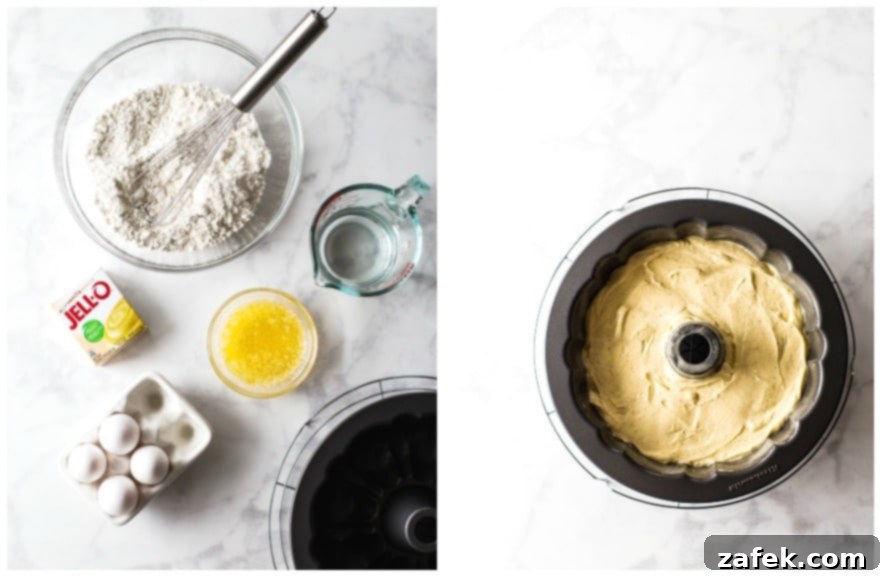 A collage image displaying the key ingredients for the Easy Twinkie Bundt Cake and a bundt pan filled with the smooth cake batter, ready for baking.