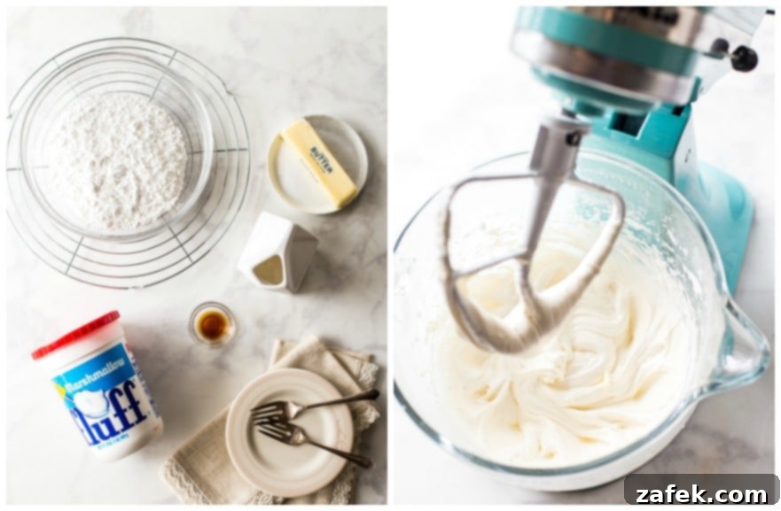 A collage displaying the creamy filling ingredients for the Easy Twinkie Bundt Cake, with a hand mixer blending the smooth marshmallow creme filling in a bowl.