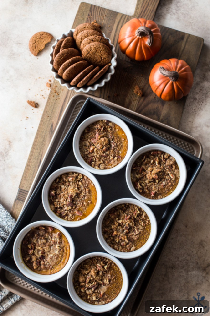 Spiced Pumpkin Custards with Gingersnap Crumble 2 Pumpkin Custards with Gingersnap Crumbles in white ramekins on a wooden board, showcasing their beautiful texture and golden crumble topping.