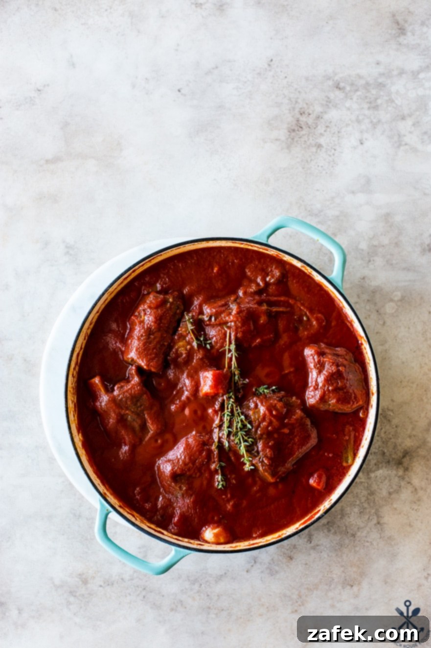 Unforgettable Short Rib Ragù Unmissable Giveaway 8 A beautifully presented Dutch oven of Short Rib Ragù on a rustic tan marble surface, emphasizing its comforting and hearty nature.