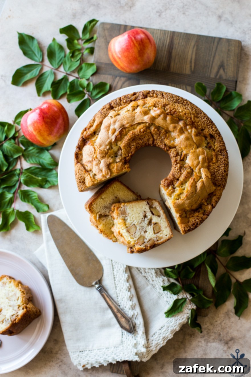 Old Fashioned Apple Spice Cake 2 Overhead photo of a beautifully baked Jewish Apple Cake on a white cake plate, surrounded by fresh apples and green leaves, evoking a cozy fall atmosphere.