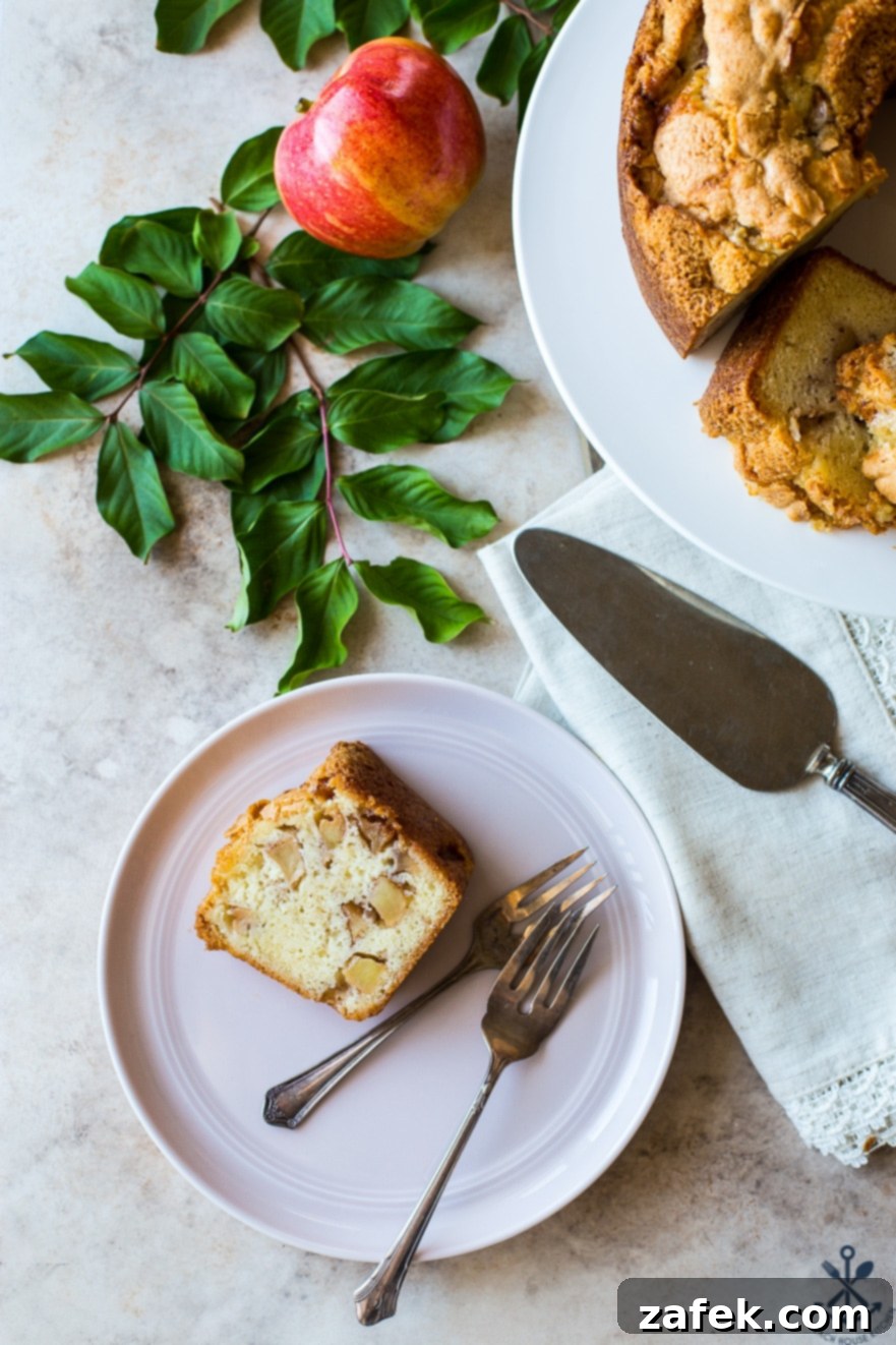 Old Fashioned Apple Spice Cake 5 A close-up of a single slice of Jewish Apple Cake served on a white plate with two metal forks resting beside it, inviting a delicious first bite.