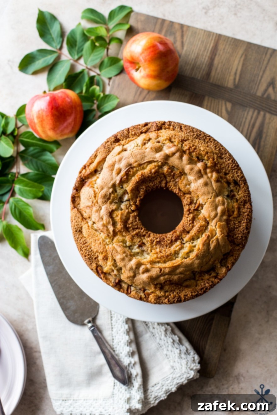 Old Fashioned Apple Spice Cake 6 A delectable Jewish Apple Cake elegantly presented on a white plate, resting on a rustic wooden board, ready to be enjoyed.